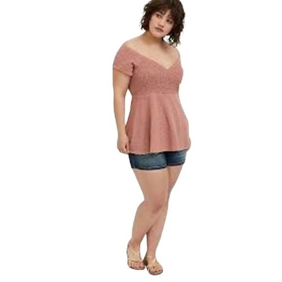 Torrid Dusty Pink Textured Smocked Off Shoulder Babydoll Top CrissCross Surplice - Picture 13 of 13